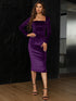 Elegant Wine Velvet Midi Party Dress for Women with Long Sleeves and Square Collar